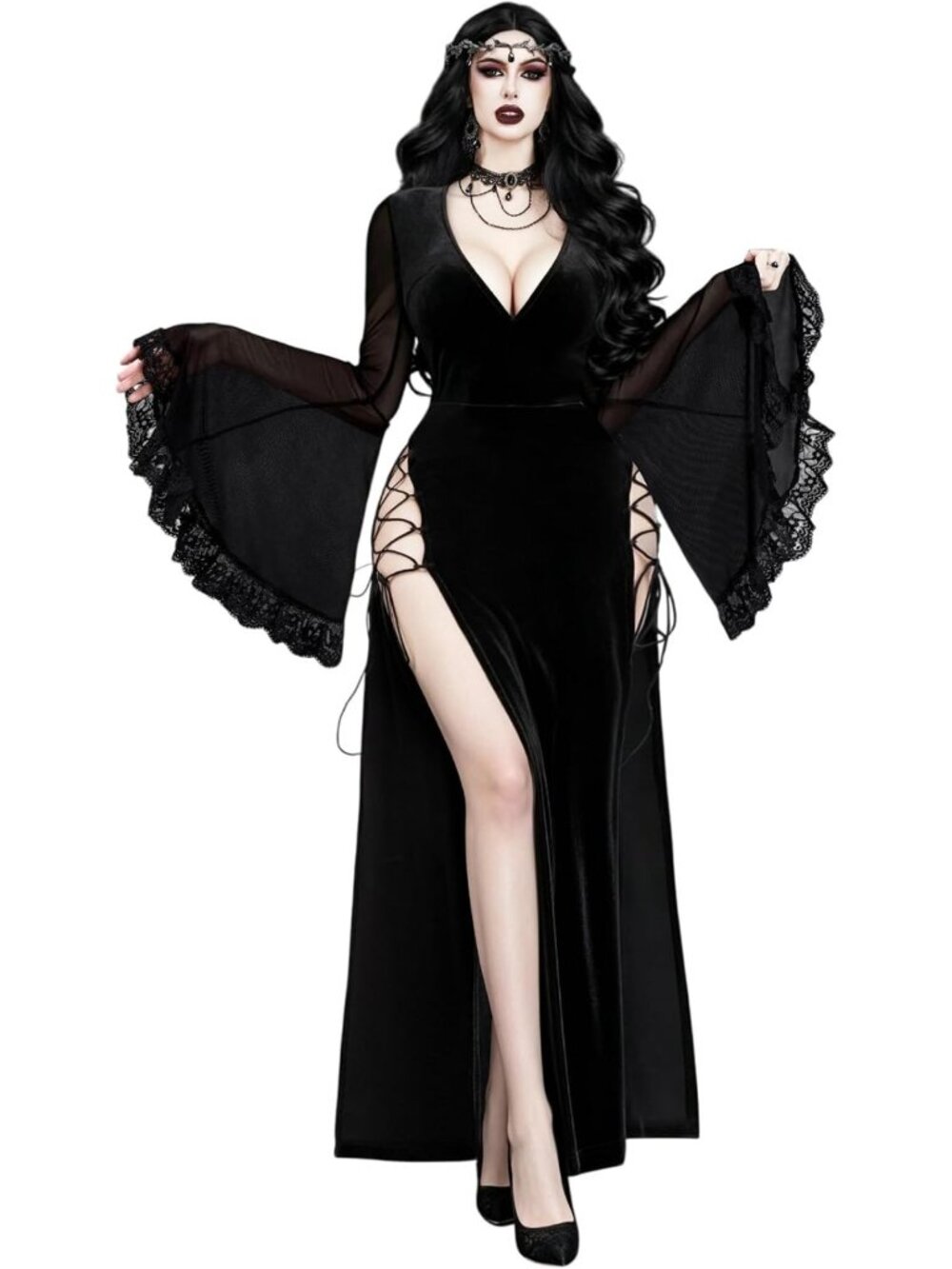 Gothic Velvet Mesh Bell Sleeve High Slit Prom & Wedding Dress for Women